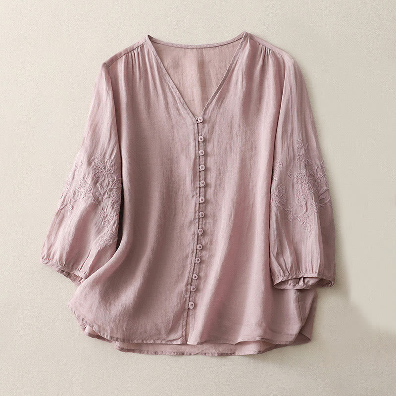 Buddha Stones Embroidery Button-down Women's Cotton Linen Shirt
