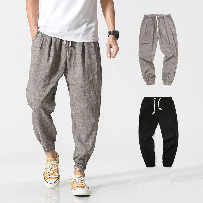 Buddha Stones Simple Drawstring Design Linen Men's Pants With Pockets