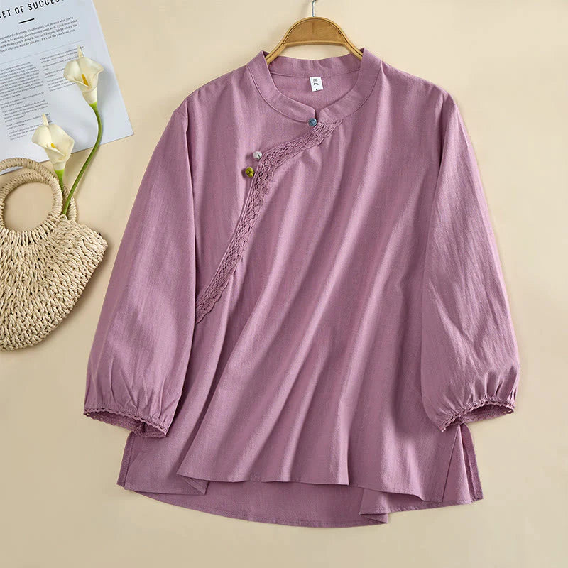 Buddha Stones Plain Crew Neck Frog-Button Long Sleeve Women's Cotton Shirt