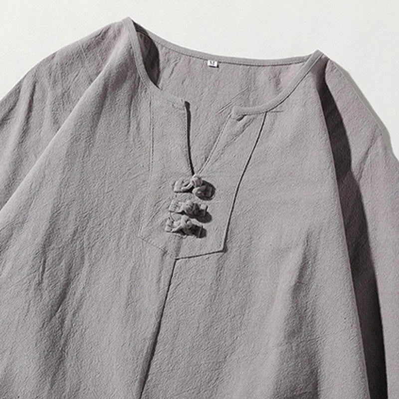 Buddha Stones 2Pcs Plain Notched Collar T-Shirt 7-8 Length Wide Leg Shorts With Pockets Cotton Linen Men's Meditation Cloth Set