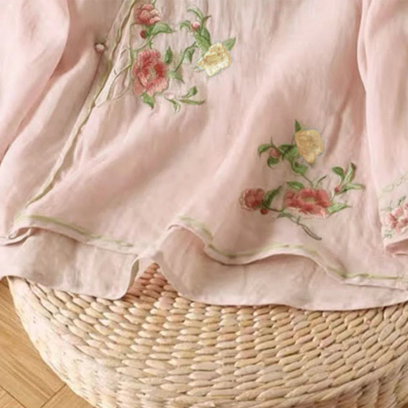 Buddha Stones Casual Vintage Embroidery Flower Pattern Chinese Frog-Button Crew Neck Design Women's Cotton Linen Shirt