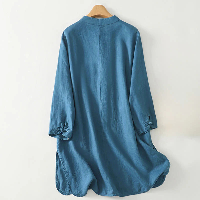Buddha Stones Fall Solid Color Frog-Button Stand Collar Three Quarter Sleeve Mid-length Women's Cotton Shirt