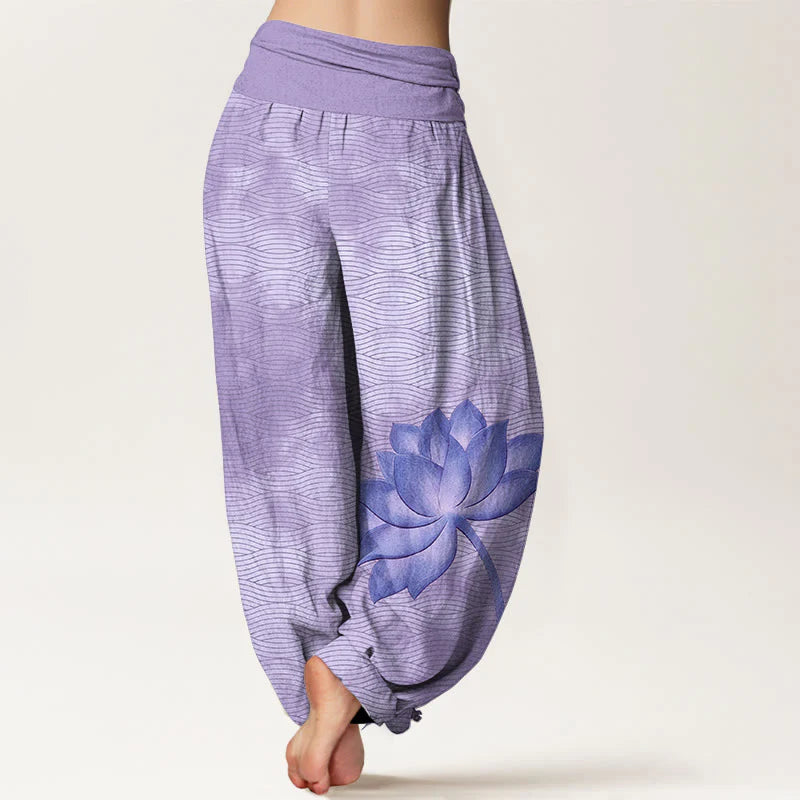 Buddha Stones Cotton Light Color Lotus Wavy Lines Pattern Women's Elastic Waist Harem Pants