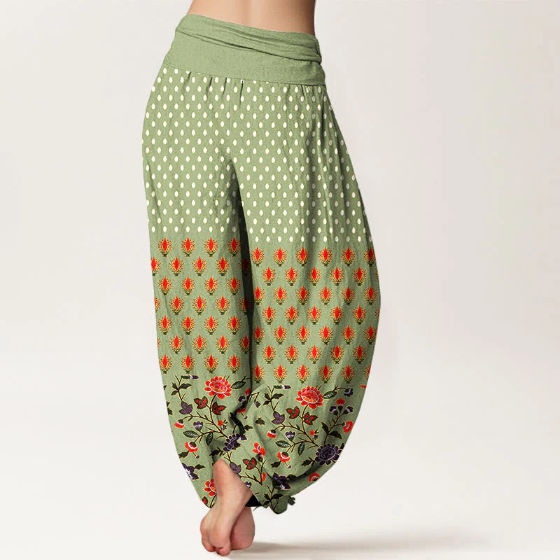 Buddha Stones Cotton Dots Red Purple Flower Pattern Women's Elastic Waist Harem Pants
