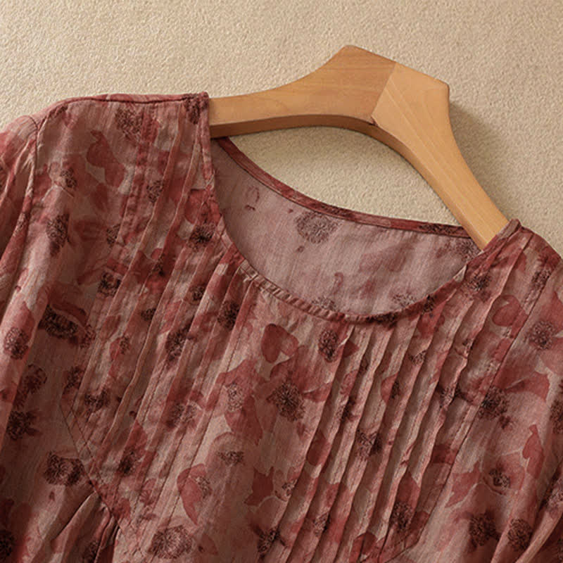 Buddha Stones Commute Floral Crew Neck Pleated Design Puff Short Sleeve Women's T-Shirt