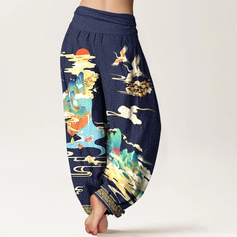 Buddha Stones Pure Cotton Landscape Cranes Clouds Pattern Women's Elastic Waist Harem Pants