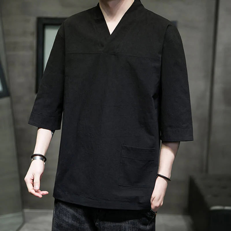 Buddha Stones Summer Casual Simple V-Neck Design Men's Cotton Linen Three Quarter Sleeve T-Shirt With Front Pocket