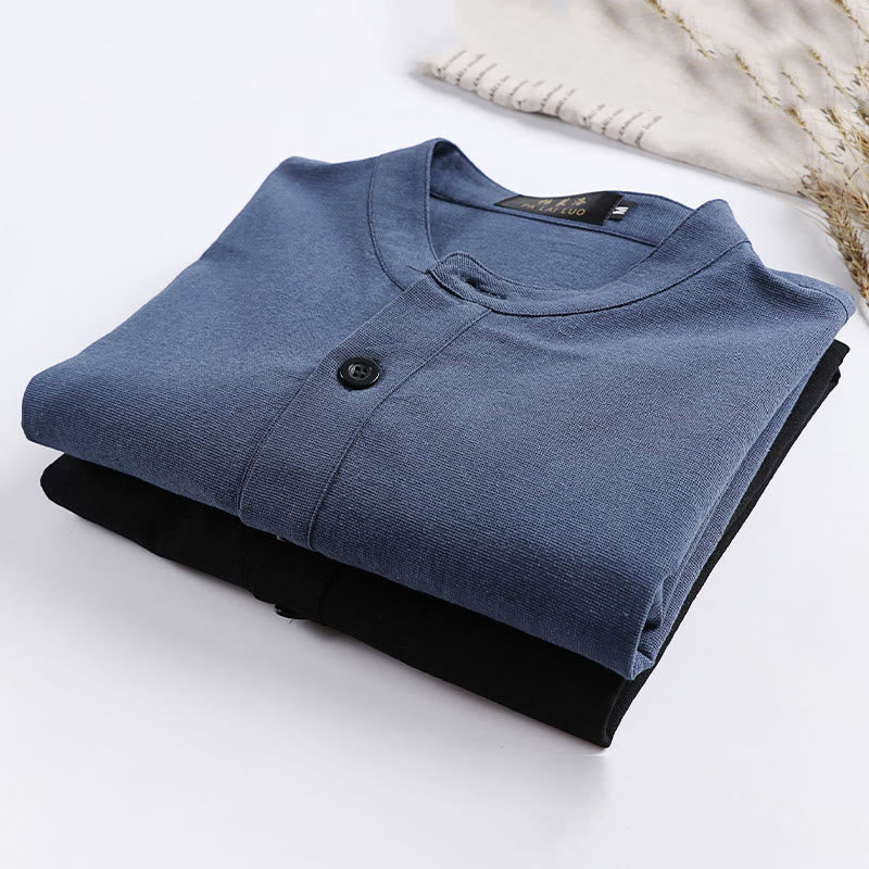Buddha Stones Simple Solid Color Half Buttons Men's Long Sleeve Cotton Shirt