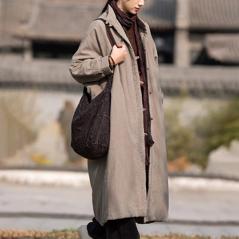 Buddha Stones Winter Solid Frog-Button Ramie Cotton Women's Long Sleeve Thermal Coat With Pockets