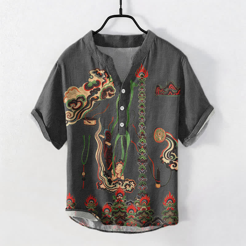 Buddha Stones Cotton Mural Cloud Pattern Men's Short Sleeve Half Button Shirt