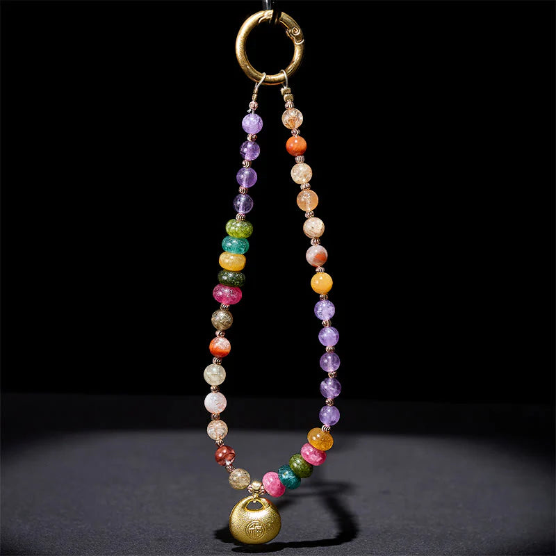 Buddha Stones Colorful Fu Character Amethyst Super Seven Crystal Key Chain Phone Hanging Decoration