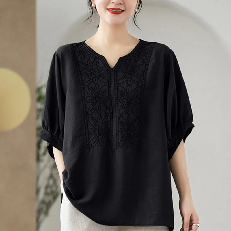 Buddha Stones Flower Embroidery Design Half Sleeve Cotton Linen T-shirt Tee