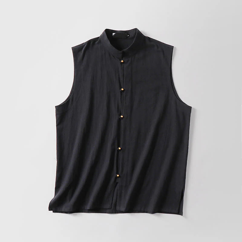 Buddha Stones Summer Solid Color Stand Collar Men's Cotton Linen Sleeveless Vest