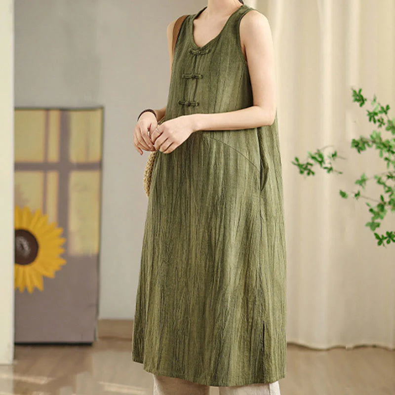 Buddha Stones Tie Dye Chinese Frog-Button RamieÂ Linen Sleeveless Midi Dress With Pockets