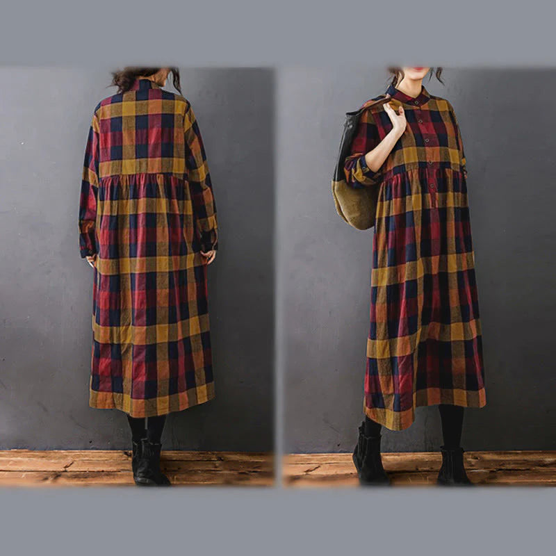 Buddha Stones Commute Patchwork Color Plaid Long Sleeve Cotton Midi Dress
