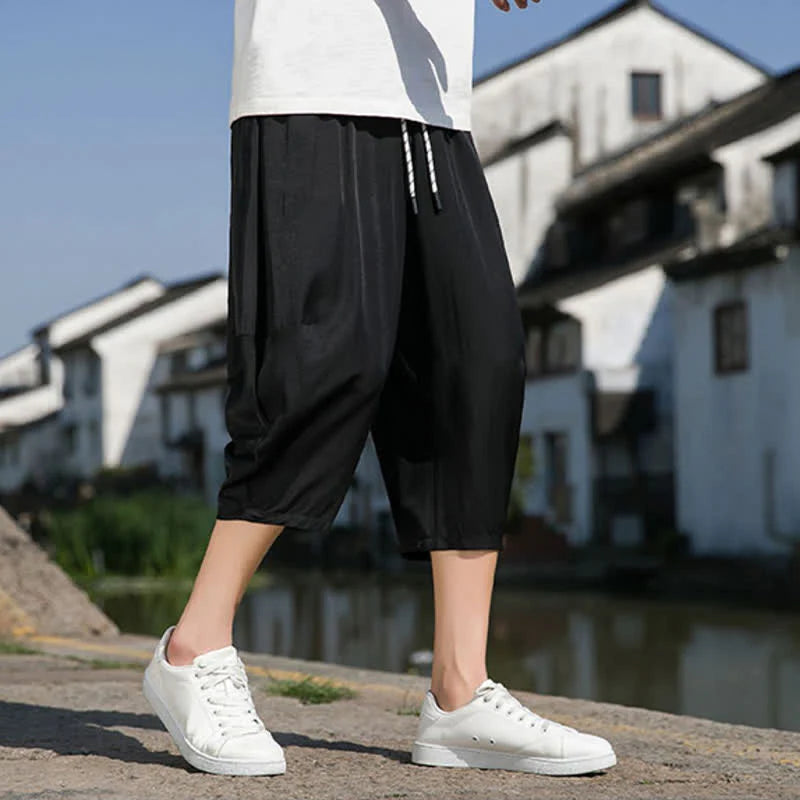 Buddha Stones Summer Elastic Waist Drawstring Solid Color Half Men's Tapered Pants With Pockets