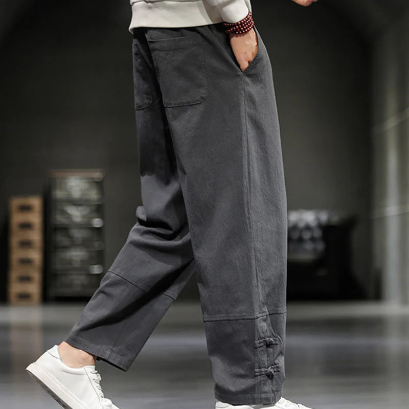 Buddha Stones Drawstring Elastic Waist Frog-Button Ankle-Length Men's Cotton Pants With Pockets