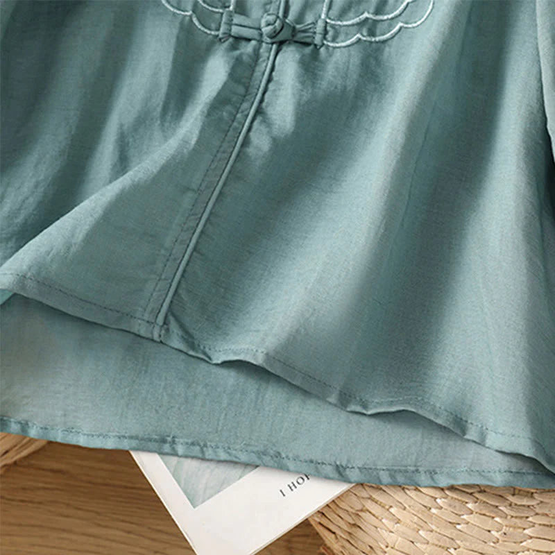 Buddha Stones Casual Embroidery Frog-Button Cotton Polyester Half Sleeve Women's Stand Collar Shirt