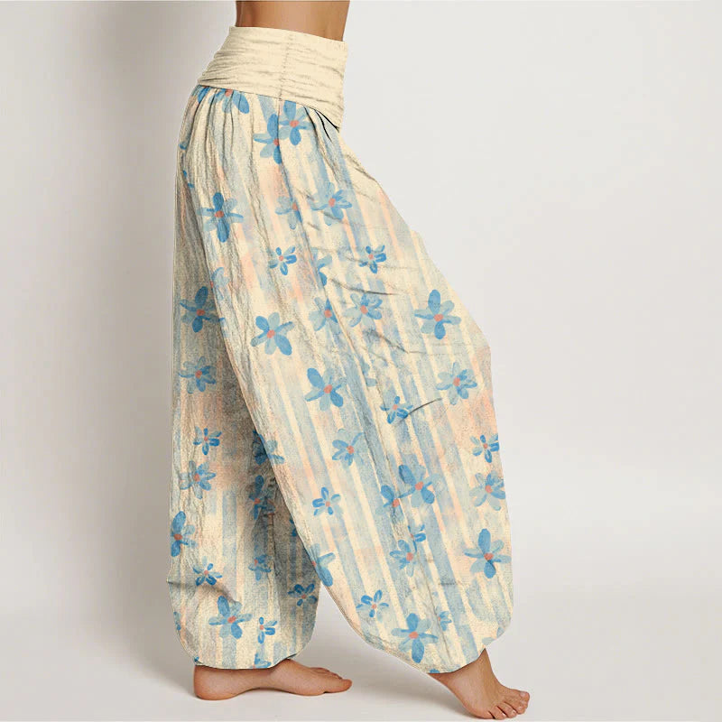 Buddha Stones Cotton Simple Style Flower Pattern Women's Elastic Waist Harem Pants
