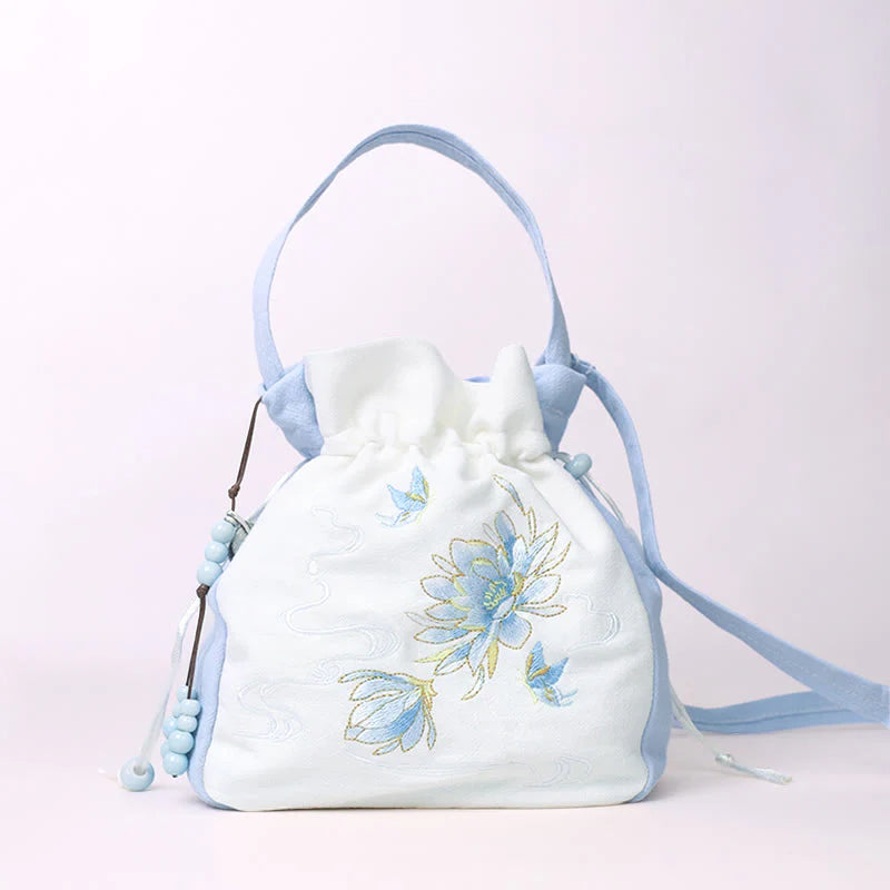 Buddha Stones Embroidered Butterfly Lotus Magnolia Cotton Linen Tote Crossbody Bag Shoulder Bag Handbag