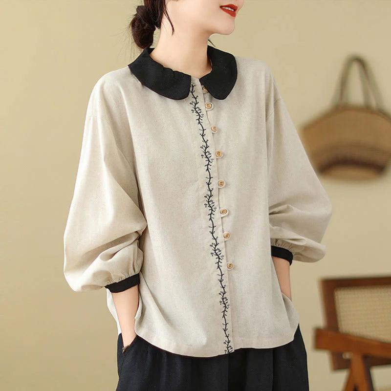 Buddha Stones Spring Embroidery Buttons Design Women's Cotton Peter Pan Collar Long Sleeve Shirt