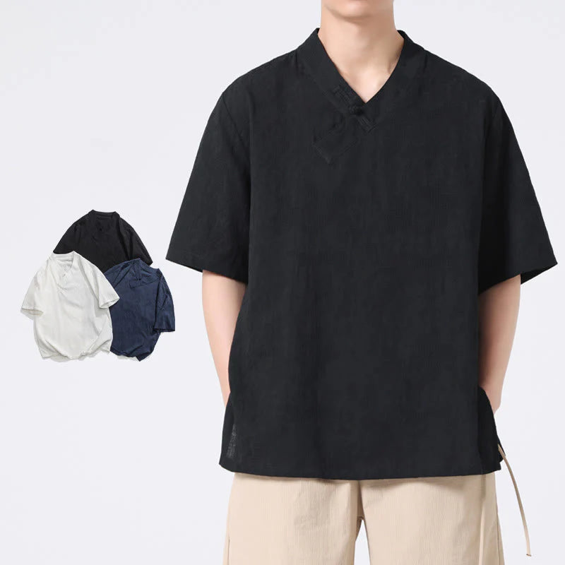 Buddha Stones Ethnic Distressed Jacquard Frog-Button Men's Stand Collar Half Sleeve Cotton Linen Shirt Tai Chi Clothes