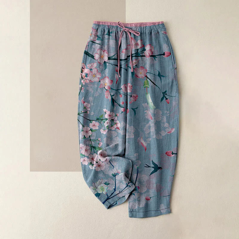 Buddha Stones Cotton Casual Peach Blossoms Flying Geese Pattern Women's Elastic Waist Pants With Pockets