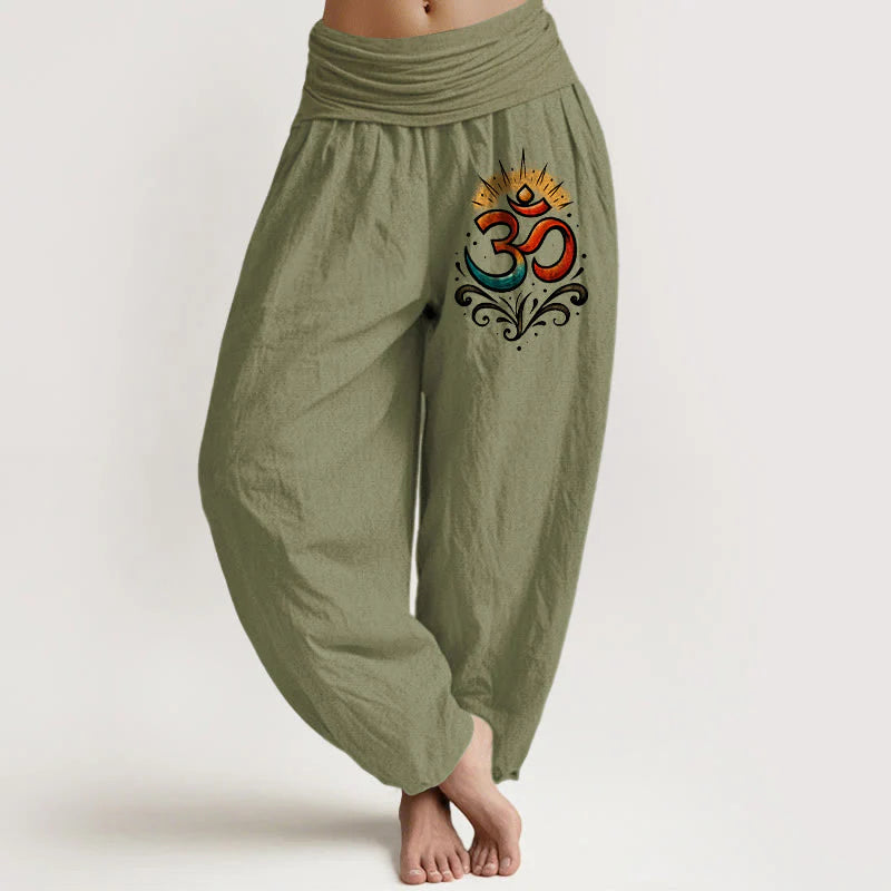 Buddha Stones Om Symbol Light Pattern Women's Elastic Waist Harem Cotton Pants
