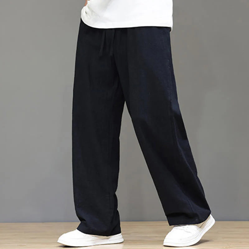Buddha Stones Summer Men's Cotton Linen Straight Leg Pants With Pockets