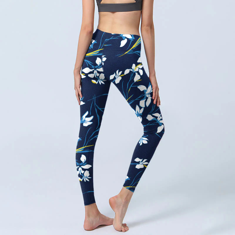 Buddha Stones White Blossom Leaves Pattern Print Gym Leggings Women's Yoga Pants