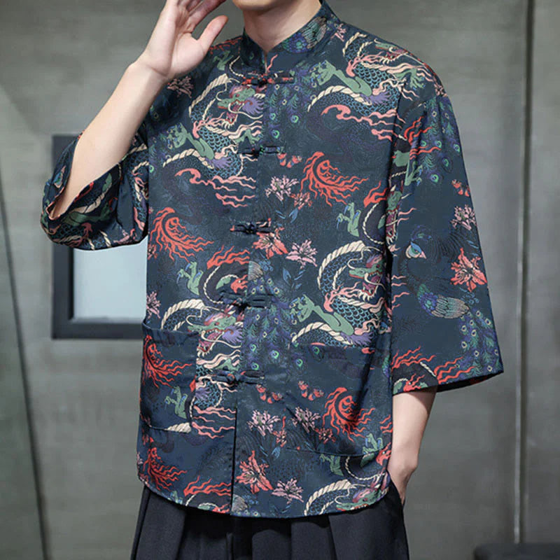 Buddha Stones Spring Frog-Button Dragon Mountain Flower Three Quarter Sleeve Tang Suit Men's Shirt With Pockets