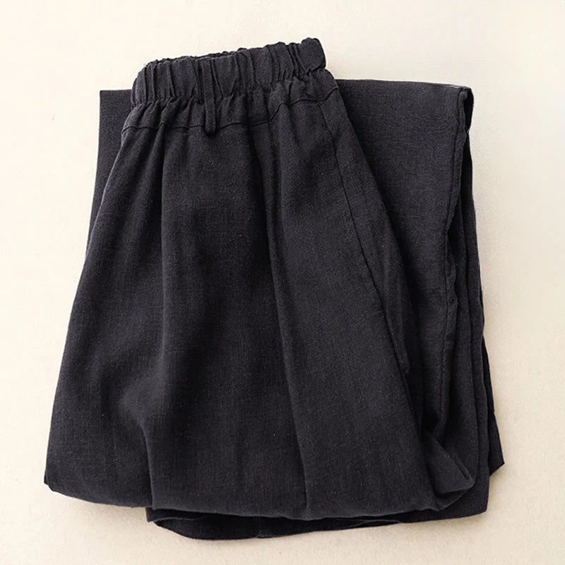 Buddha Stones Solid Color Cotton Women's Wide Leg Pants With Pockets