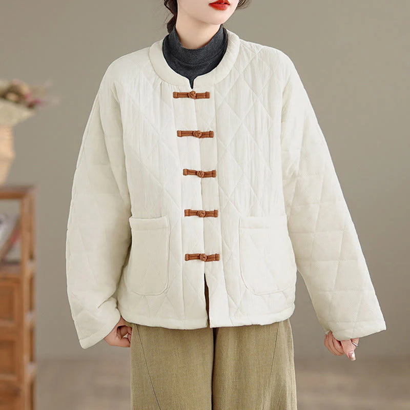 Buddha Stones Winter Frog-Button Diamond-shaped Lines Cotton Long Sleeve Women's Thermal Jacket With Pockets