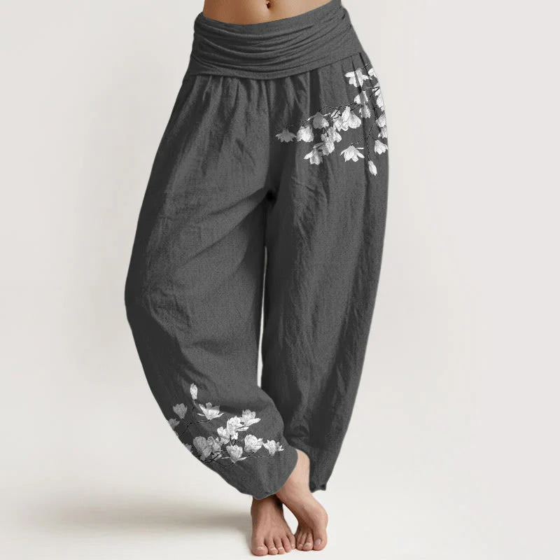 Buddha Stones Pure Cotton Minimalist Style Magnolia Flower Pattern Women's Elastic Waist Harem Pants