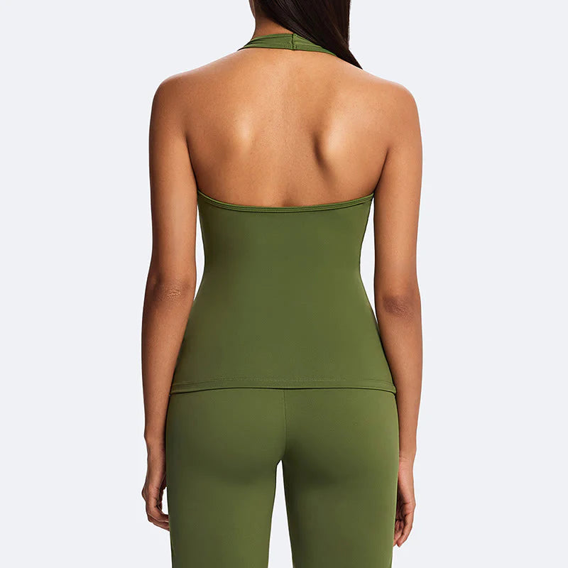 Buddha Stones Solid Crop Halter Backless Sleeveless Top Straight Leg Pants For Sports Fitness Yoga