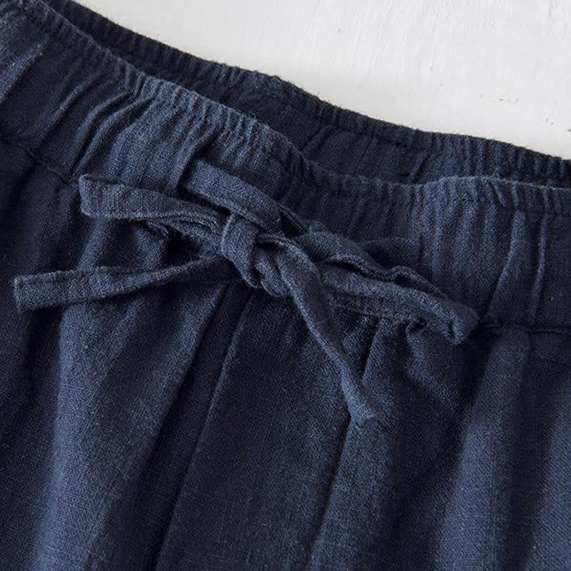 Buddha Stones Summer Solid Color Drawstring Elastic Waist Men's Cotton Linen Shorts With Pockets