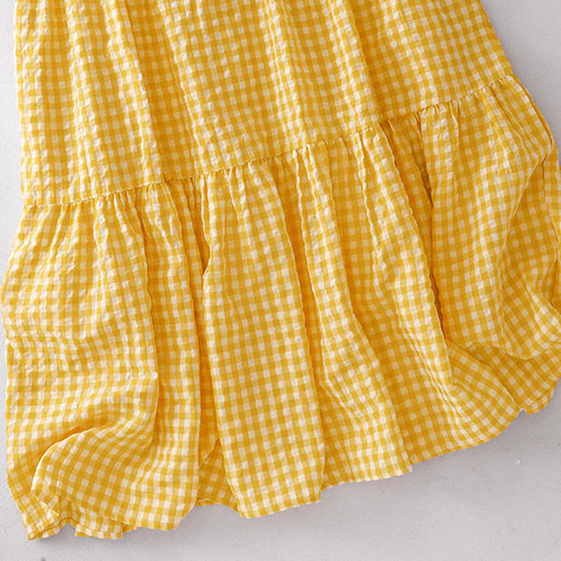 Buddha Stones Crew Neck Sleeveless Plaid Summer Cotton Knee Length Dress