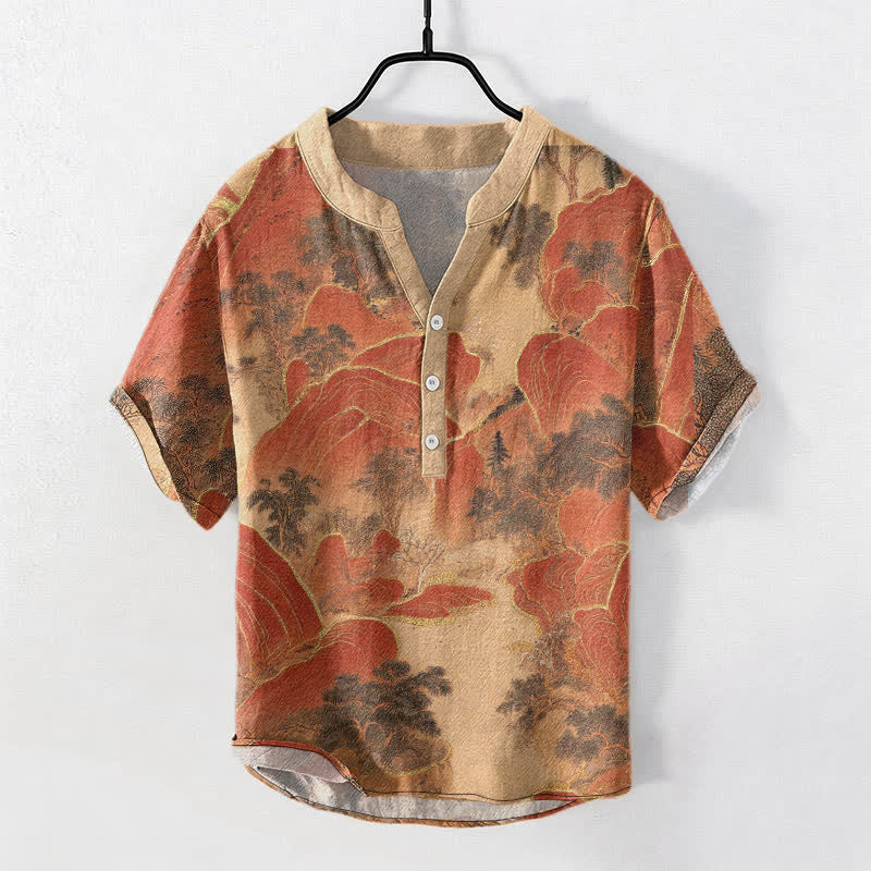 Buddha Stones Cotton Mountain Emblem Men's Short Sleeve Half Button Shirt