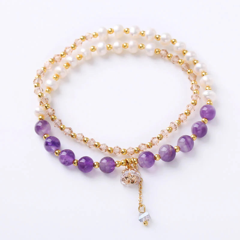 Buddha Stones Natural Amethyst Aquamarine Strawberry Quartz Pearl Peace Healing Double Wrap Bracelet