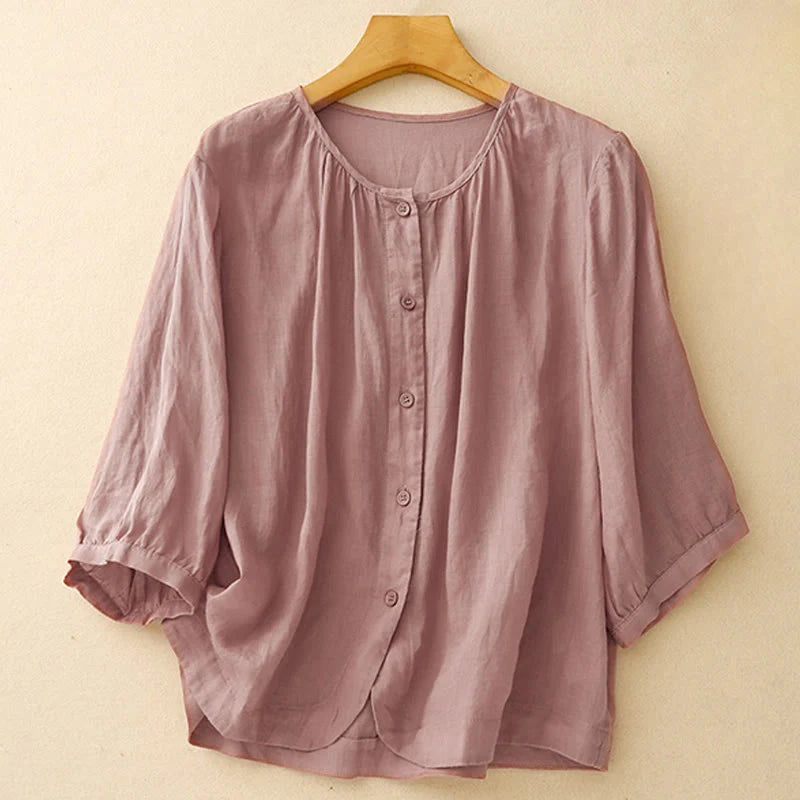 Buddha Stones Plain Button Crew Neck Design Women's Blend Three Quarter Sleeve Shirt