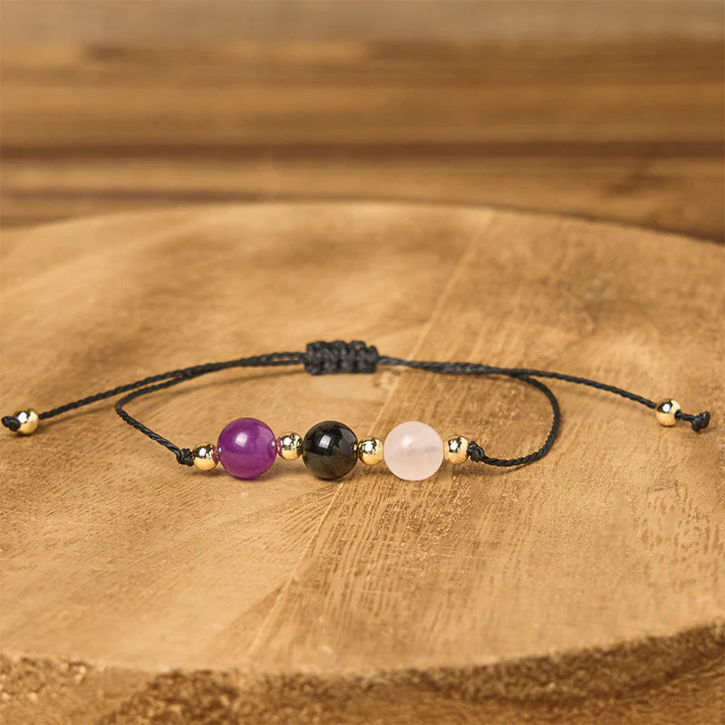 Buddha Stones Amethyst Black Tourmaline Rose Quartz Empath Card Rope Bracelet