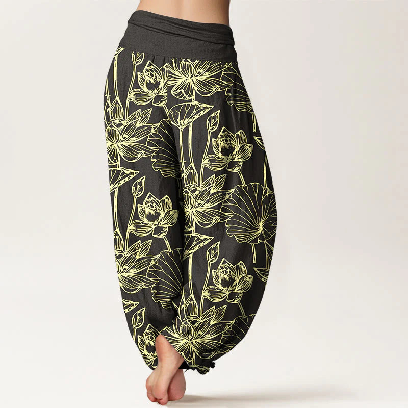 Buddha Stones Cotton Elegant Refined Lotus Flower Leaf Pattern Women's Elastic Waist Harem Pants