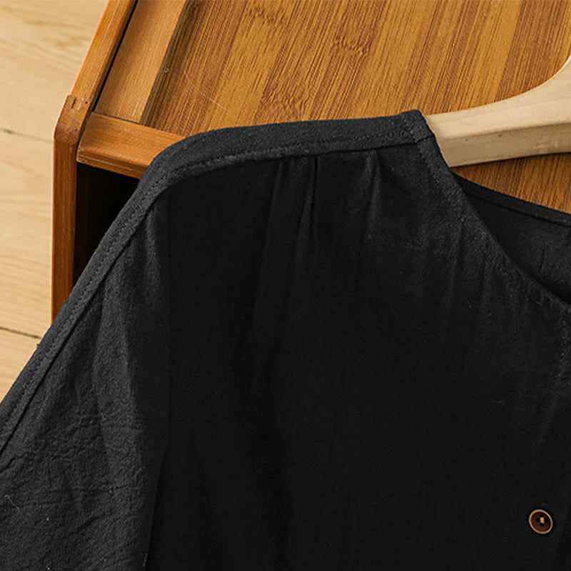 Buddha Stones Casual Plain Buttons Half Sleeve Women's Cotton Linen Shirt With Pocket