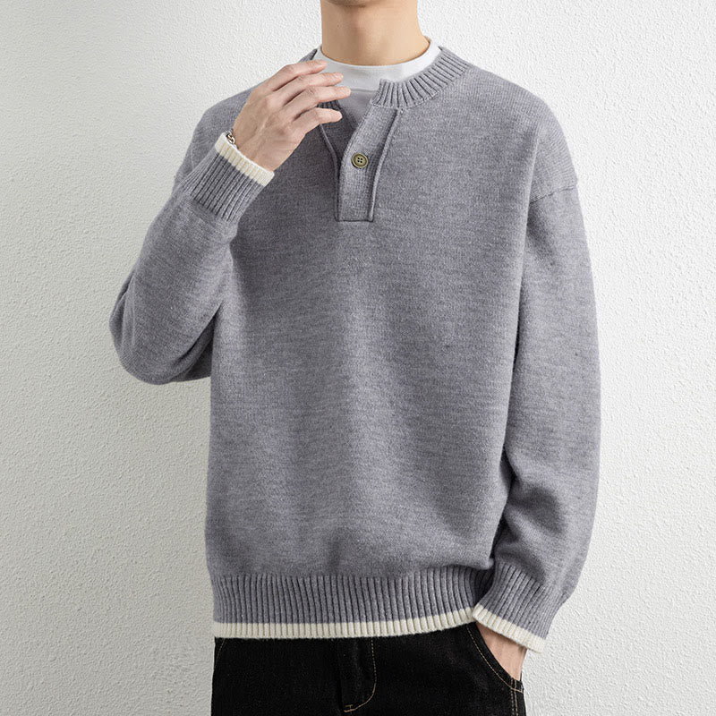 Buddha Stones Winter V-Neck One Button Design Warm Men's Long Sleeve Knitted Sweater