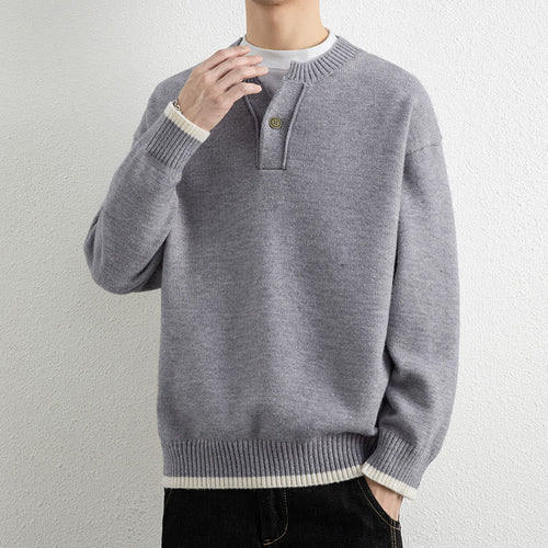 Buddha Stones Winter V-Neck One Button Design Warm Men's Long Sleeve Knitted Sweater