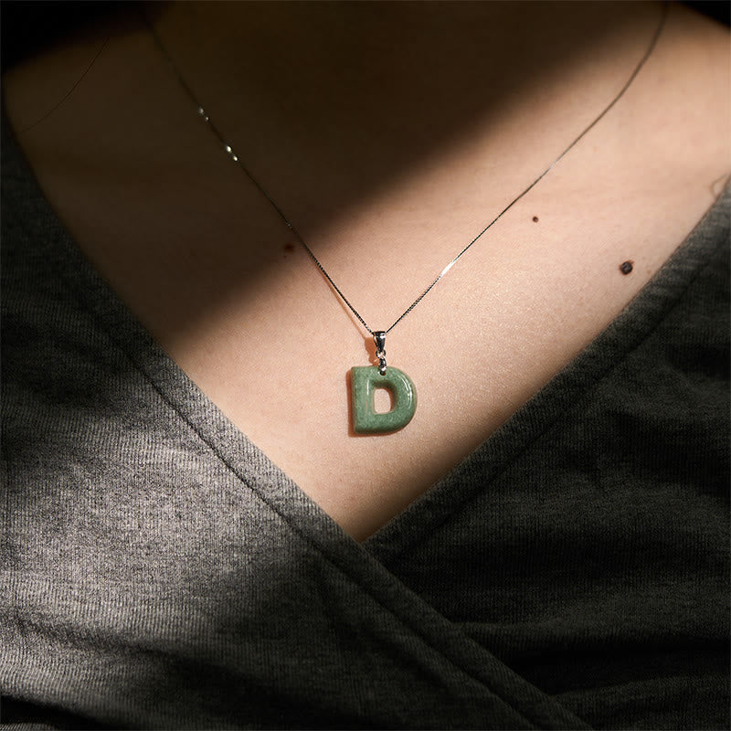 Buddha Stones Natural A-Z Letter Jade 925 Sterling Silver Silm Chain Prosperity Necklace Pendant