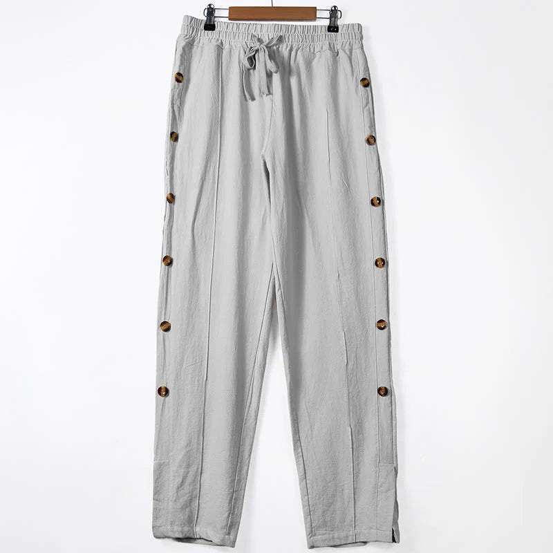 Buddha Stones Solid Color Side Buttons Men's Cotton Pants With Pockets