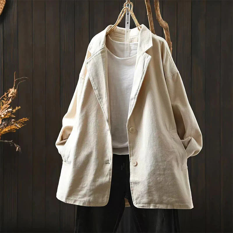 Buddha Stones Spring Fall Buttons Lapel Collar Long Sleeve Mid-length Cotton Women's Jacket With Pockets