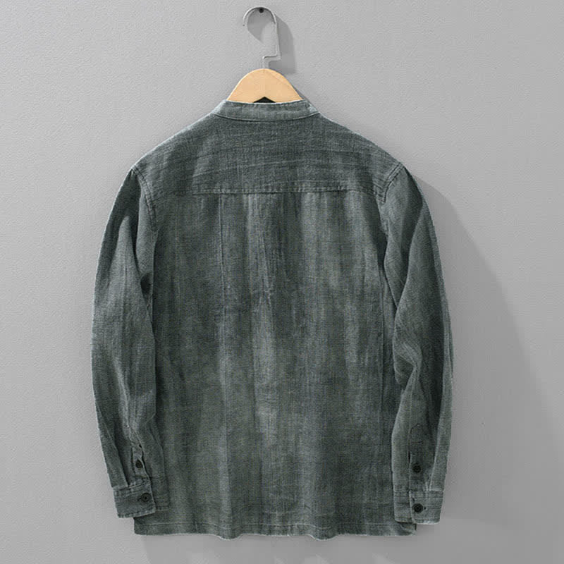 Buddha Stones Fall Plain Long Sleeve Buttons Design Men's Ramie Linen Cotton Shirts With Pocket
