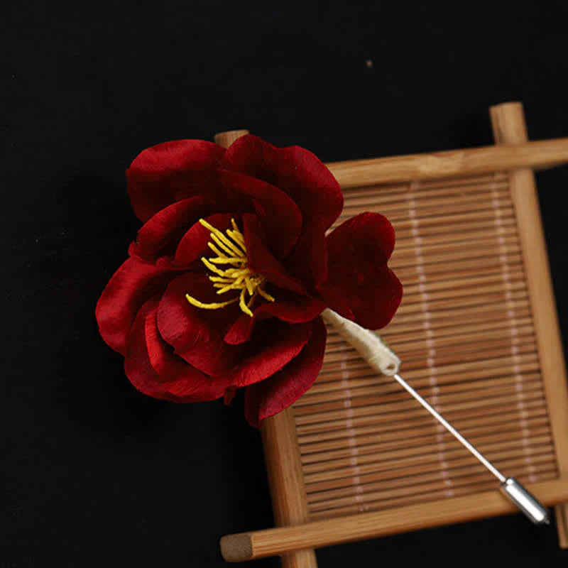 Buddha Stones Cultural Heritage Handcrafted Silk Art Red Camellia Blessing Sincerity Brooch